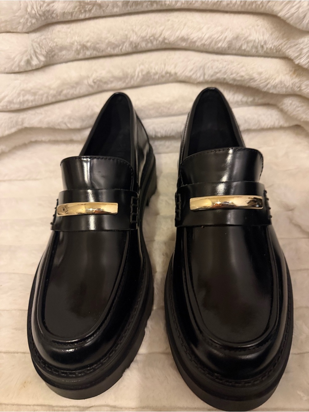 Steve Madden Black Moccasin Loafers with Gold Accent